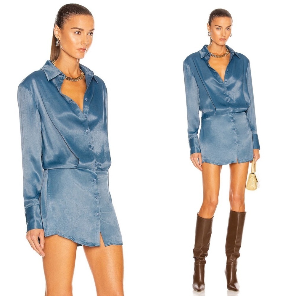 Atoir Satin Blue Button-Front Mini Dress